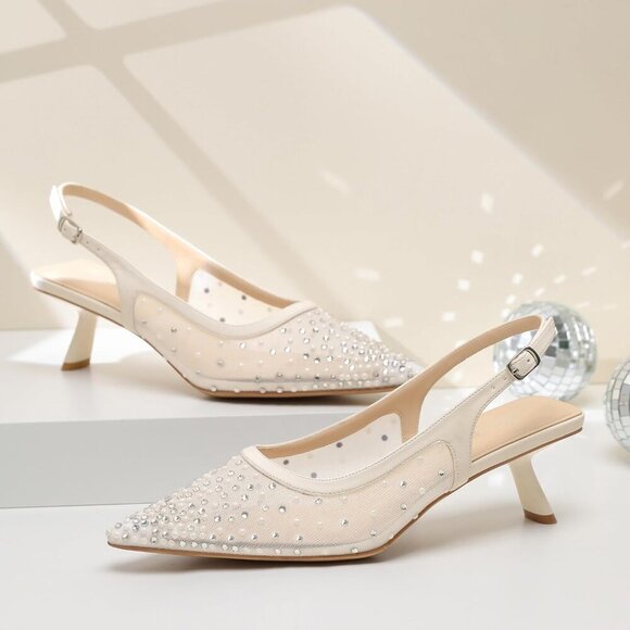 Women's Beige Pearl Pointed Toe Pumps Patent Leather Slingback Heels With Buckle - Picture 2 of 9